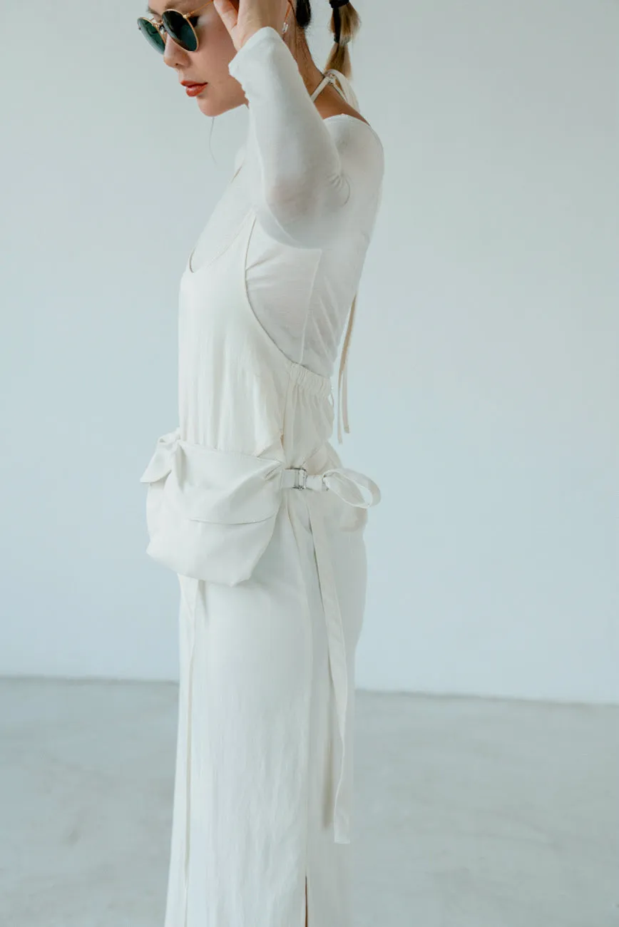 ( IVORY / BLACK ) TIE UP RAYON DRESS WITH BELT BAG 🌟BEST BUY🌟
