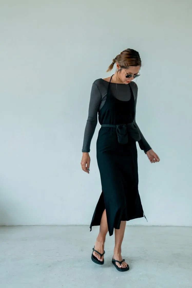 ( IVORY / BLACK ) TIE UP RAYON DRESS WITH BELT BAG 🌟BEST BUY🌟
