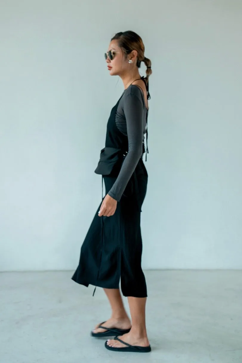 ( IVORY / BLACK ) TIE UP RAYON DRESS WITH BELT BAG 🌟BEST BUY🌟