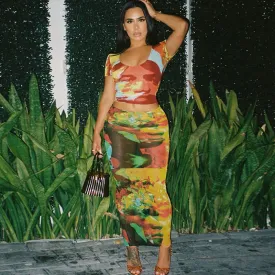 11496 Tie Dye Print O Neck High Waist Crop Top Sleeveless Tube Midi Skirt Women'S Sets 2023 Spring Summer Lady Casual Clothes