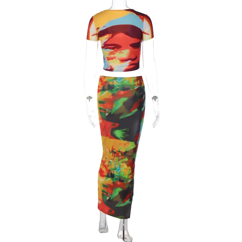 11496 Tie Dye Print O Neck High Waist Crop Top Sleeveless Tube Midi Skirt Women'S Sets 2023 Spring Summer Lady Casual Clothes