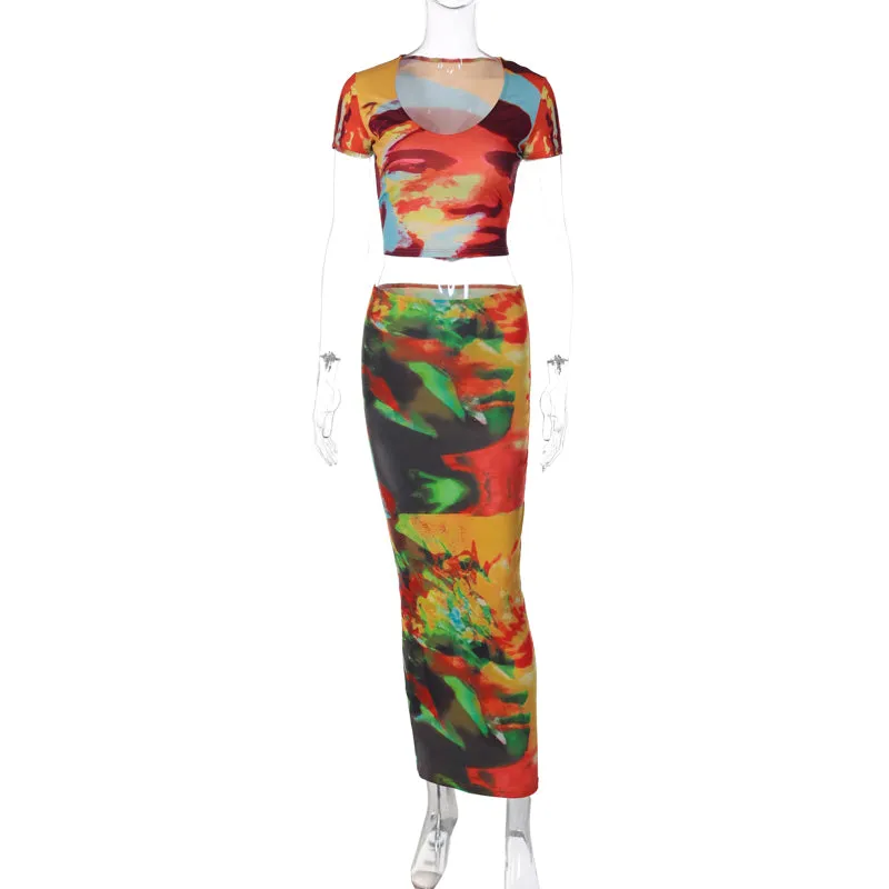 11496 Tie Dye Print O Neck High Waist Crop Top Sleeveless Tube Midi Skirt Women'S Sets 2023 Spring Summer Lady Casual Clothes