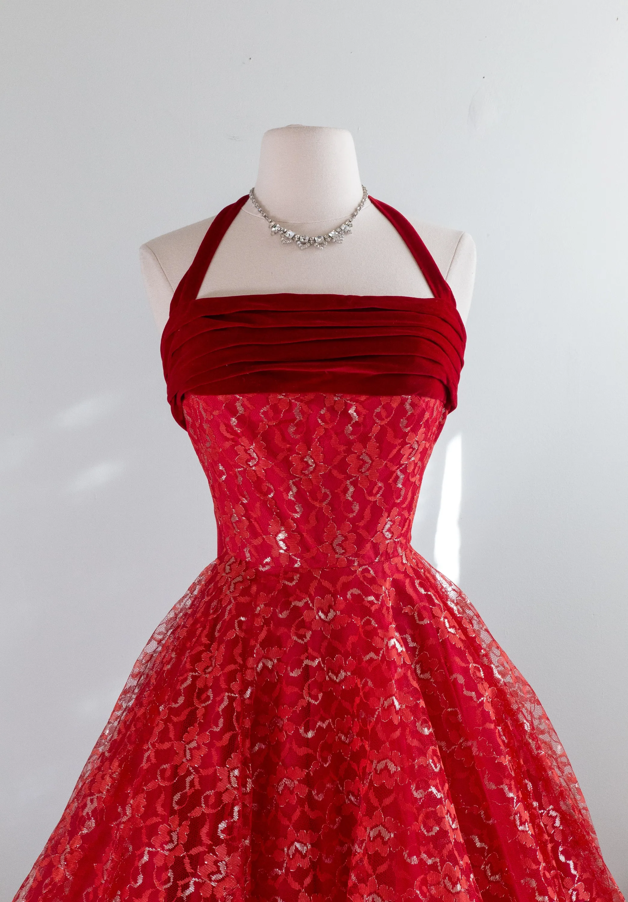 1950's Cherries In The Snow Velvet And Lace Party Dress / XS