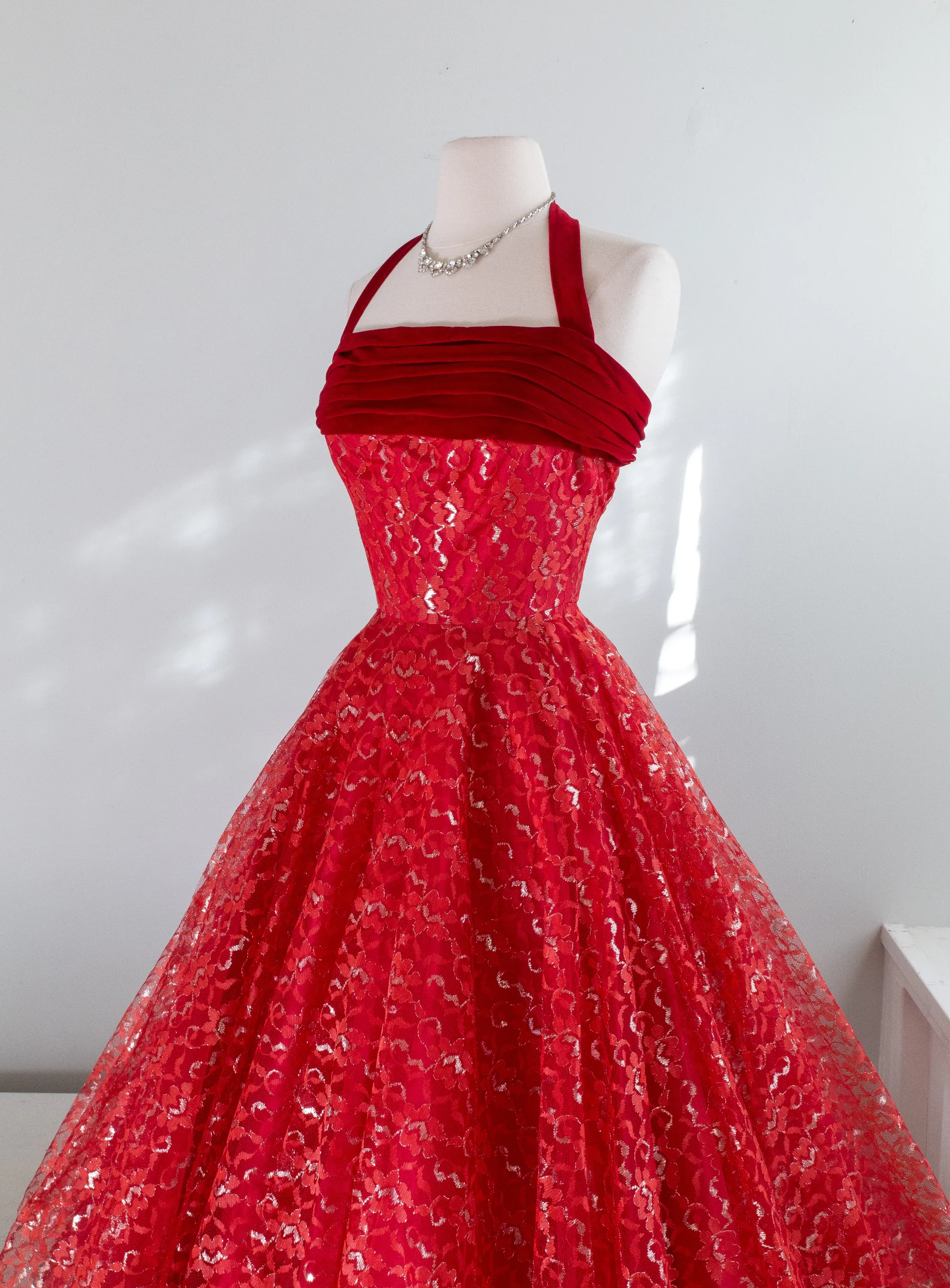 1950's Cherries In The Snow Velvet And Lace Party Dress / XS