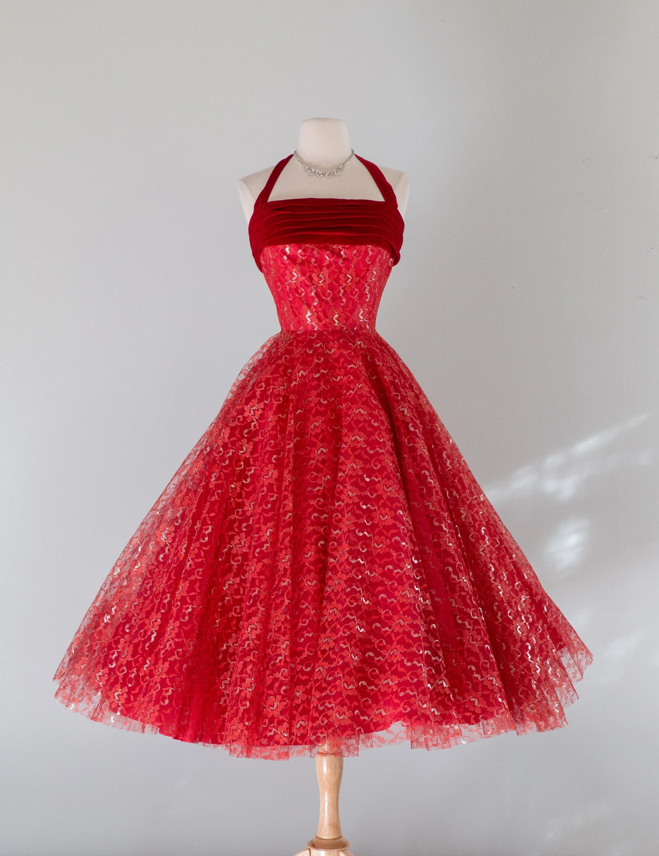 1950's Cherries In The Snow Velvet And Lace Party Dress / XS
