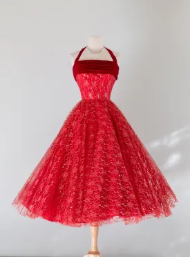 1950's Cherries In The Snow Velvet And Lace Party Dress / XS