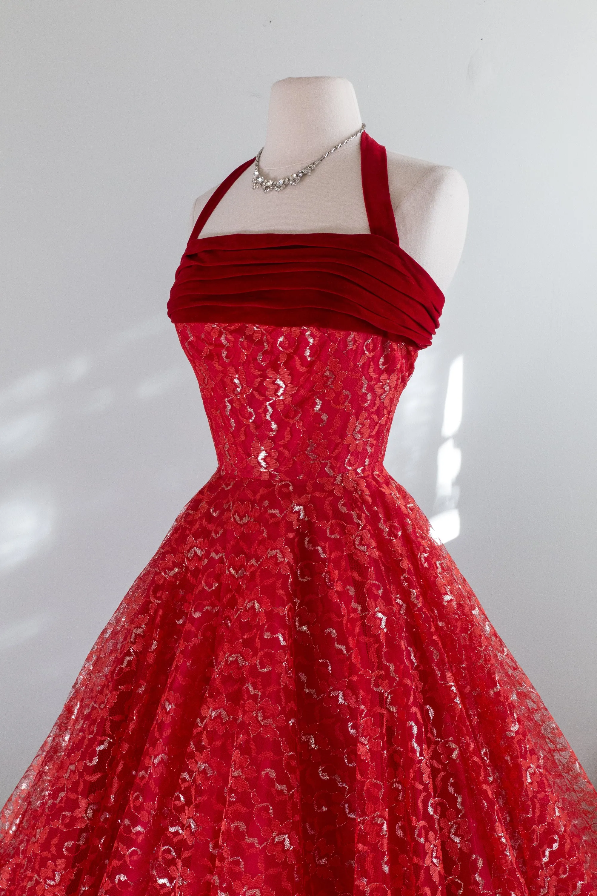 1950's Cherries In The Snow Velvet And Lace Party Dress / XS