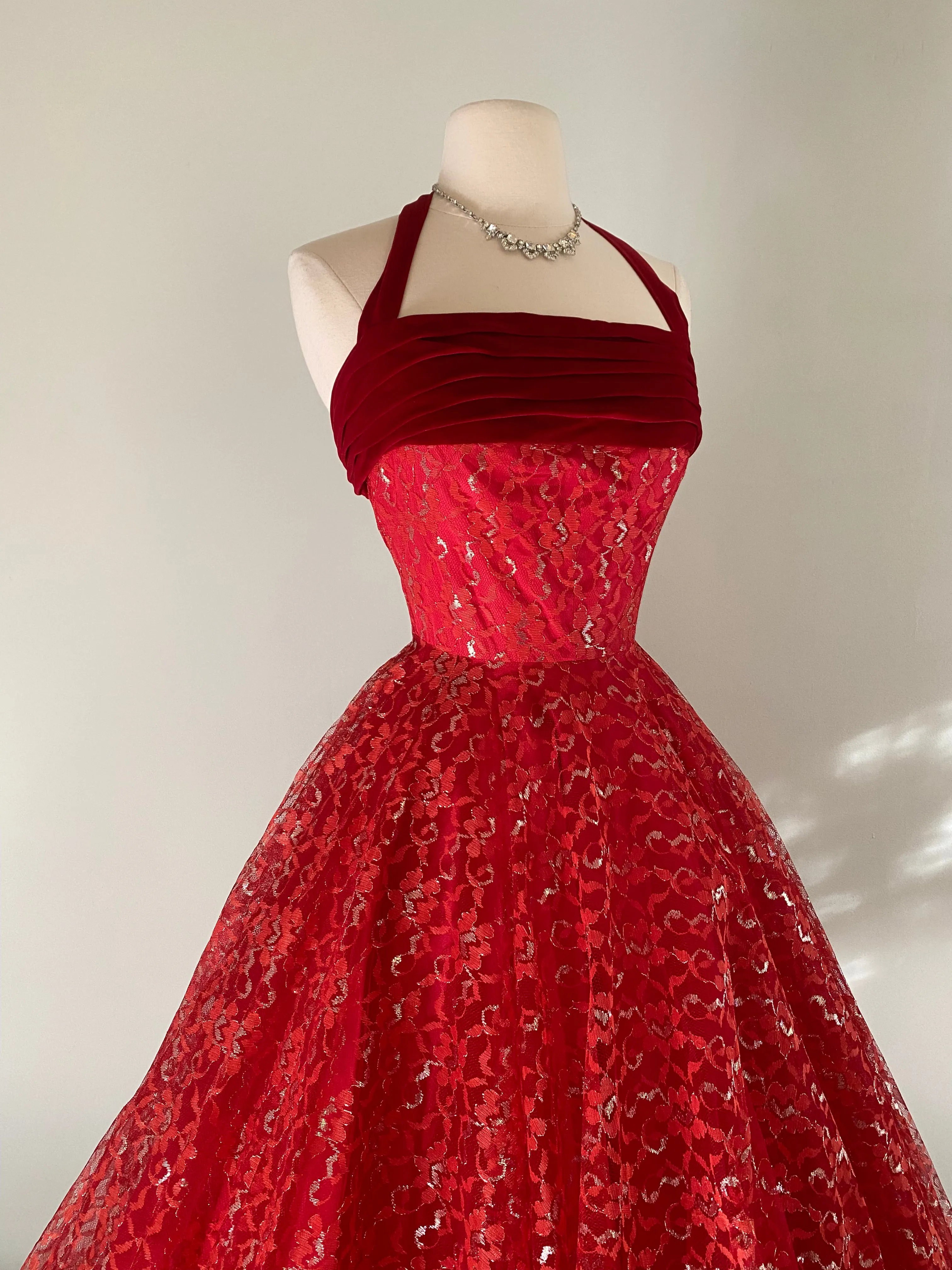 1950's Cherries In The Snow Velvet And Lace Party Dress / XS