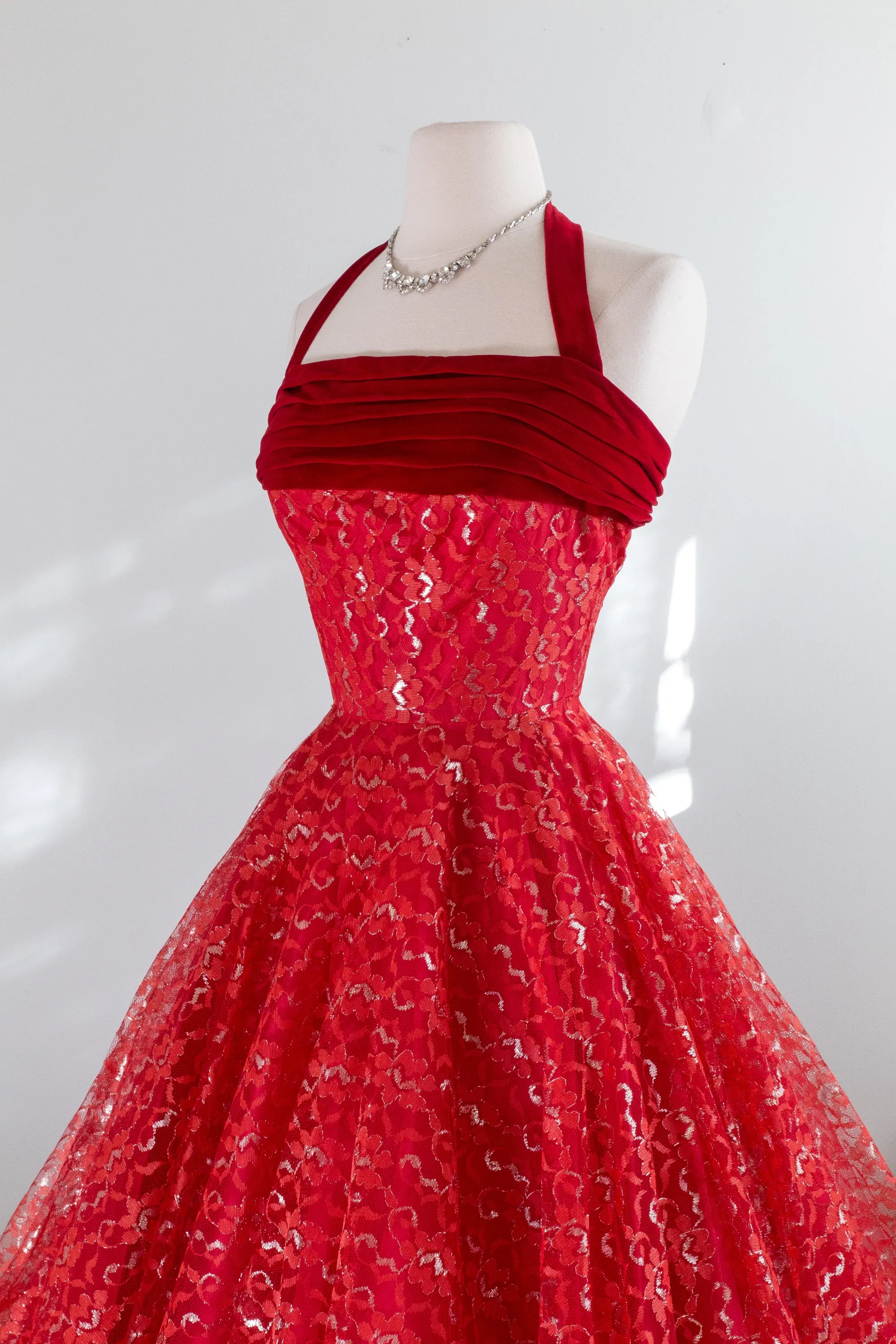 1950's Cherries In The Snow Velvet And Lace Party Dress / XS