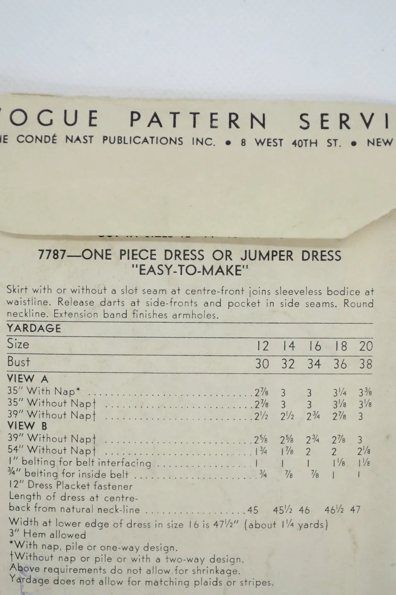 1952 Vintage Vogue 7787 Dress Sewing Pattern