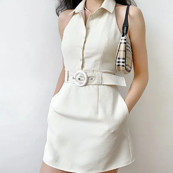 80s Retro Buckle Halter Dress