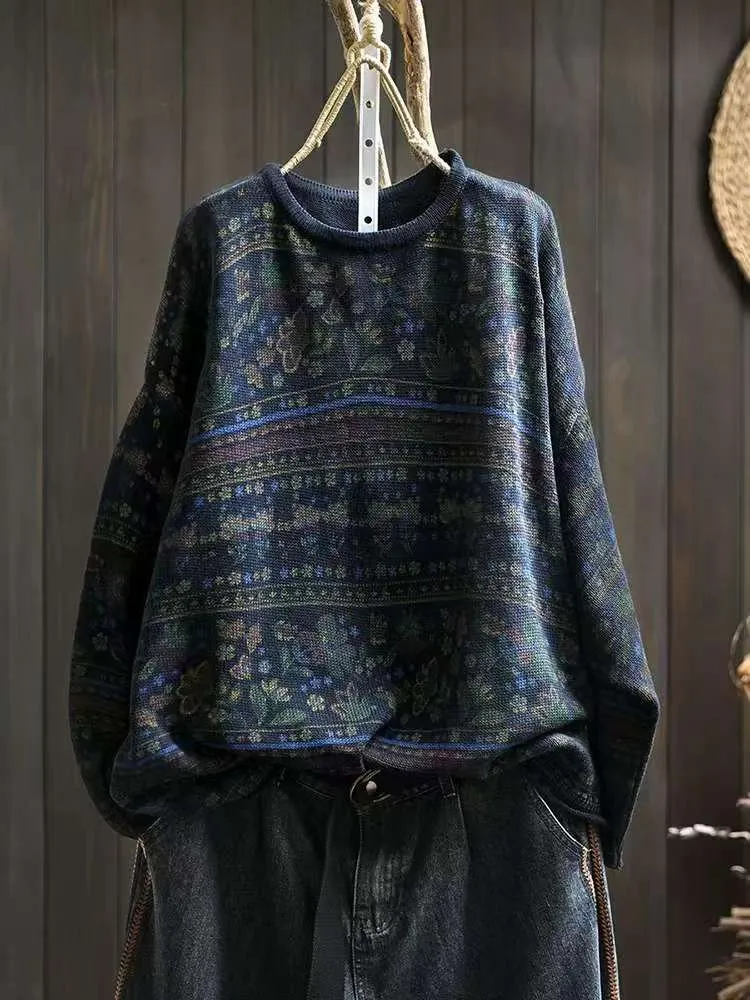 Babakud Women Autumn Retro Cotton Printed Pullover Sweater