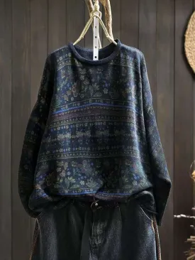 Babakud Women Autumn Retro Cotton Printed Pullover Sweater