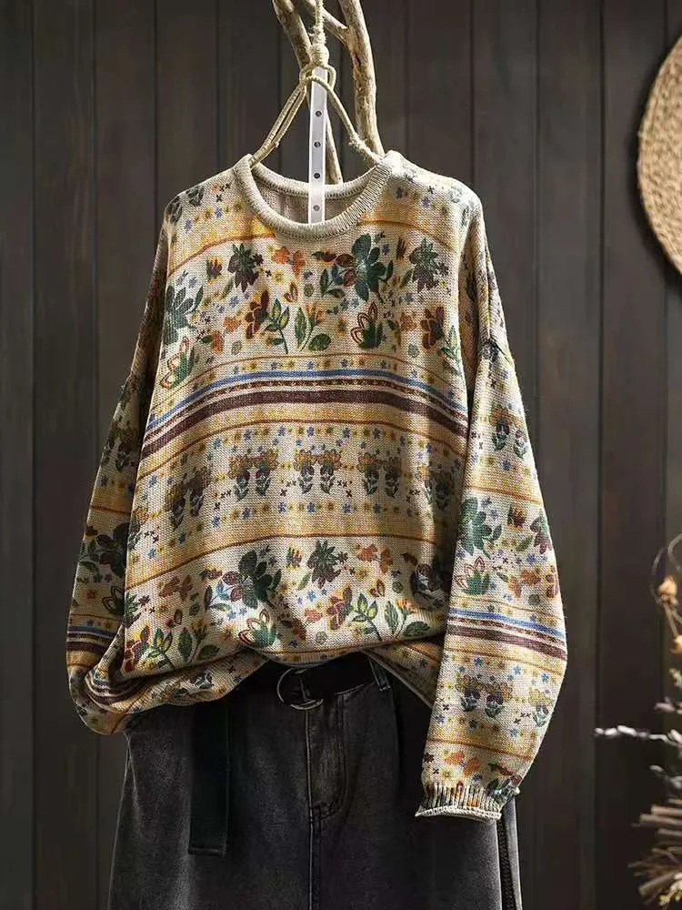 Babakud Women Autumn Retro Cotton Printed Pullover Sweater