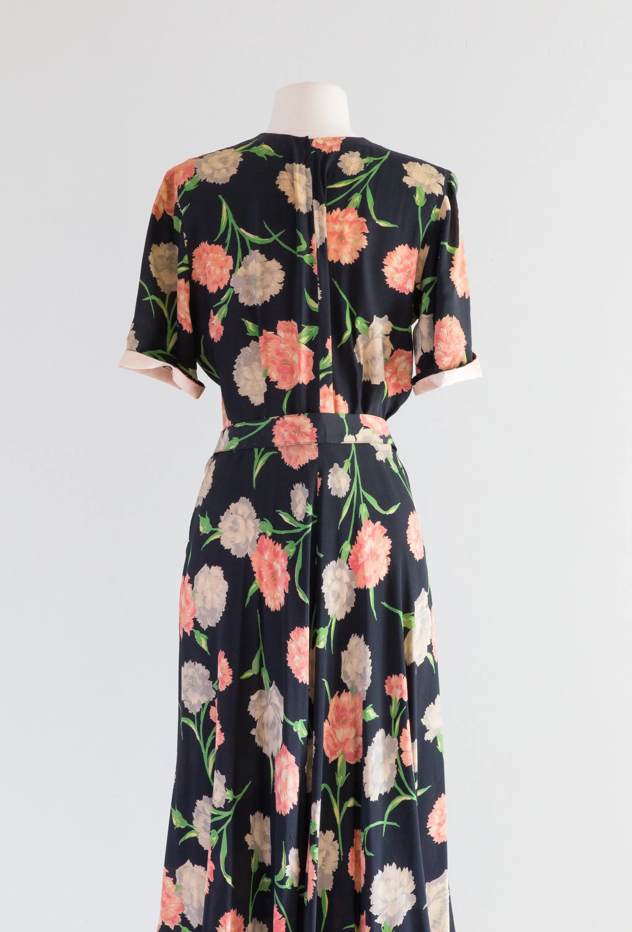 Beautiful 1940's Navy Blue Rayon Dress With Carnations by Hannah Troy / Medium