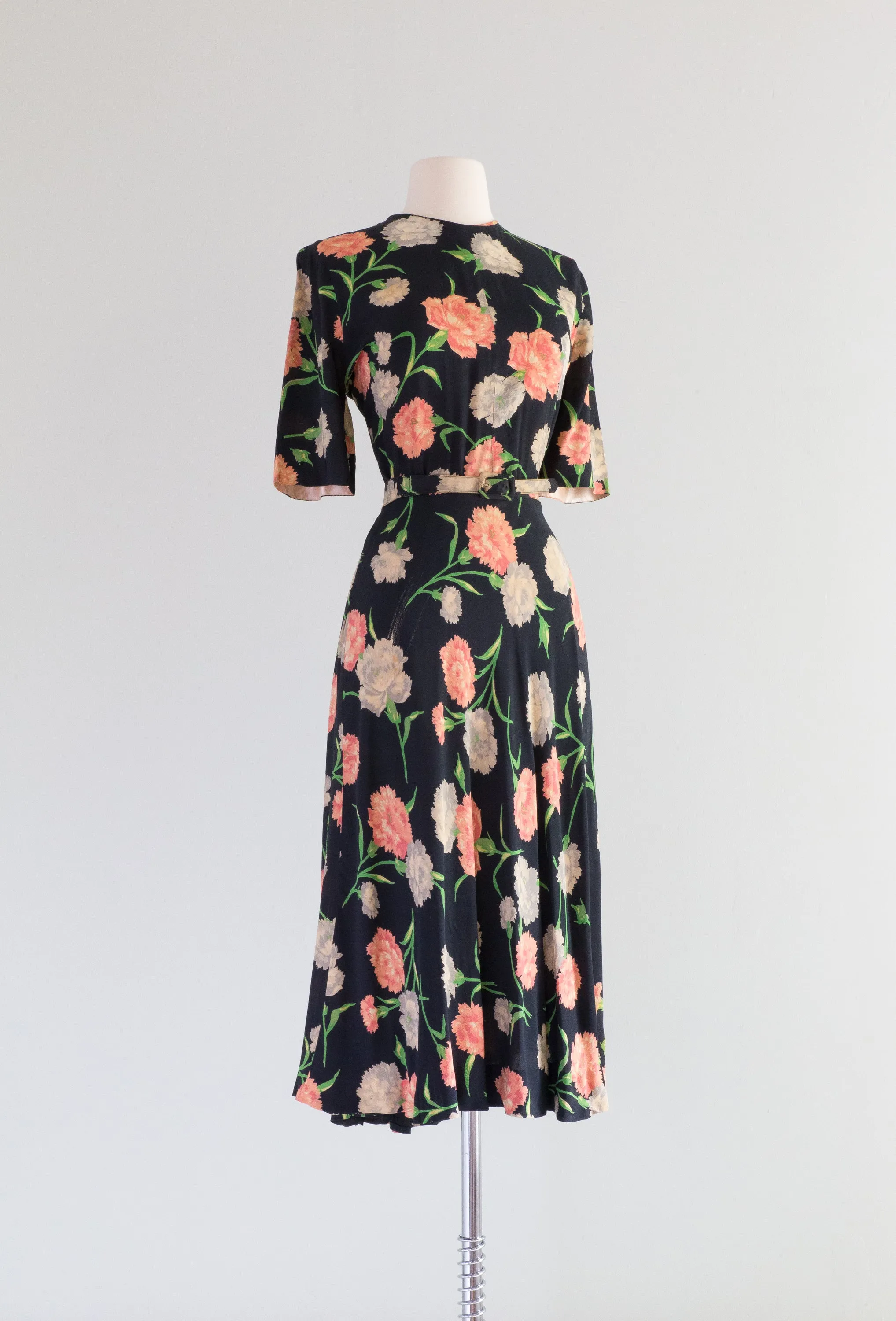 Beautiful 1940's Navy Blue Rayon Dress With Carnations by Hannah Troy / Medium