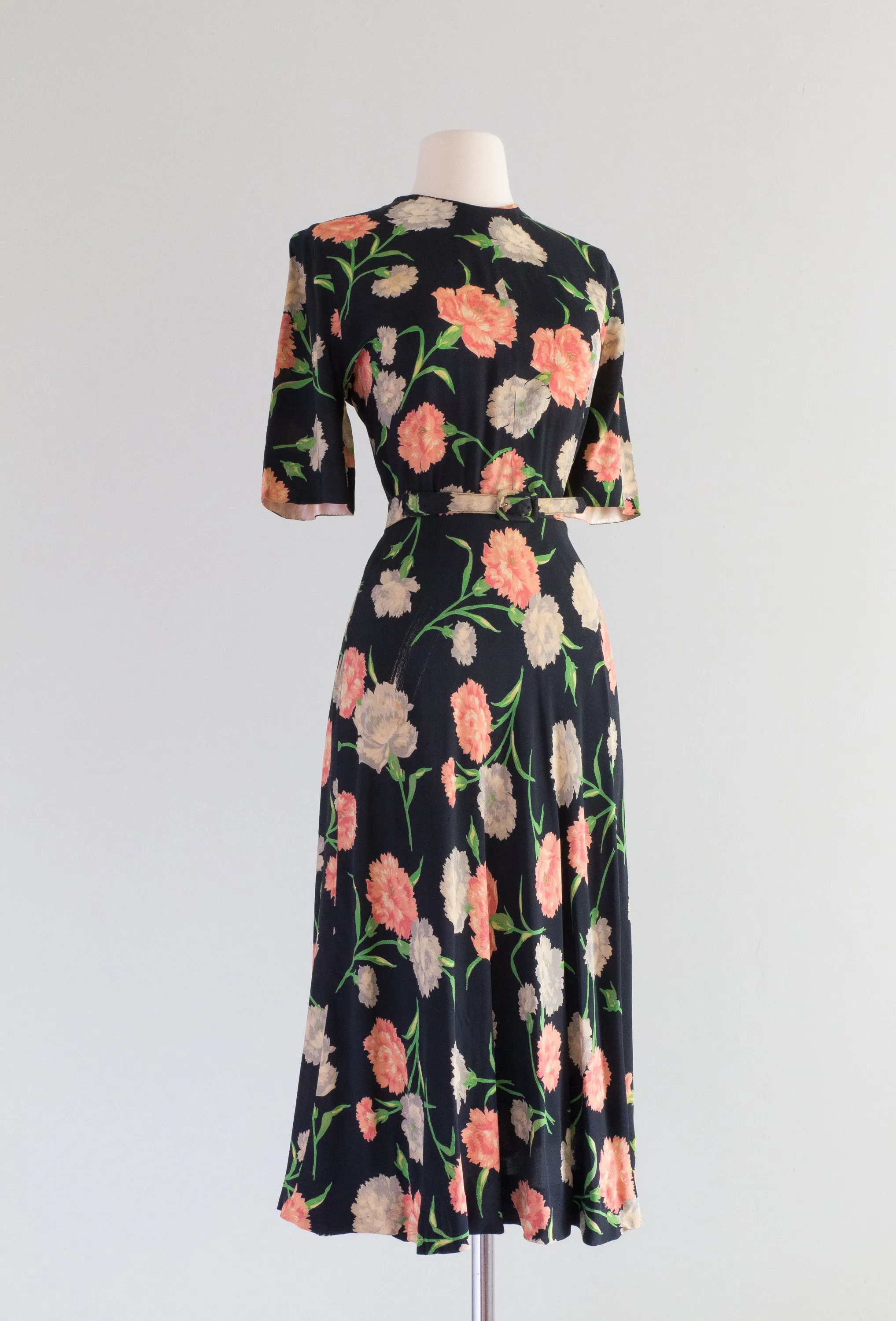 Beautiful 1940's Navy Blue Rayon Dress With Carnations by Hannah Troy / Medium
