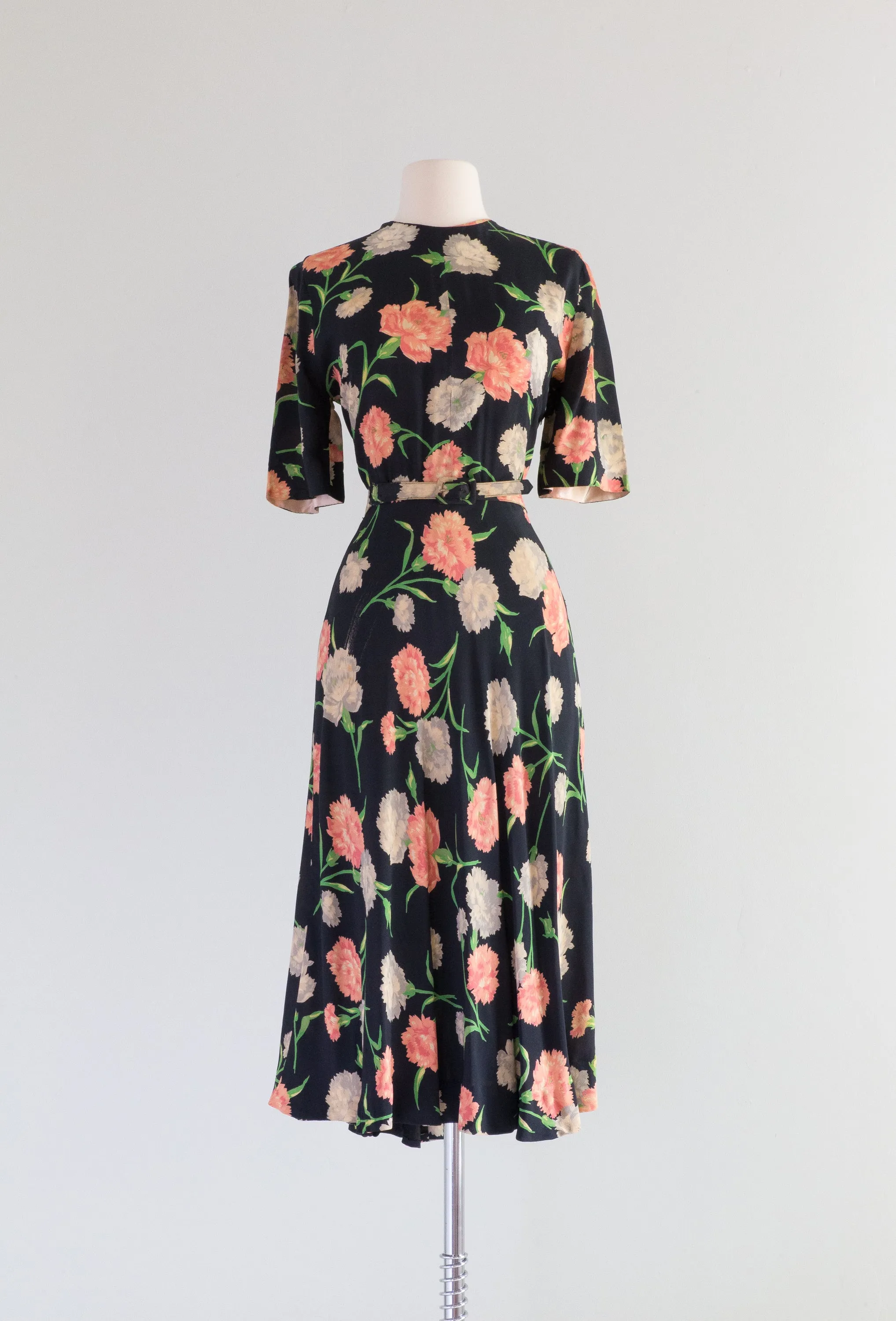 Beautiful 1940's Navy Blue Rayon Dress With Carnations by Hannah Troy / Medium