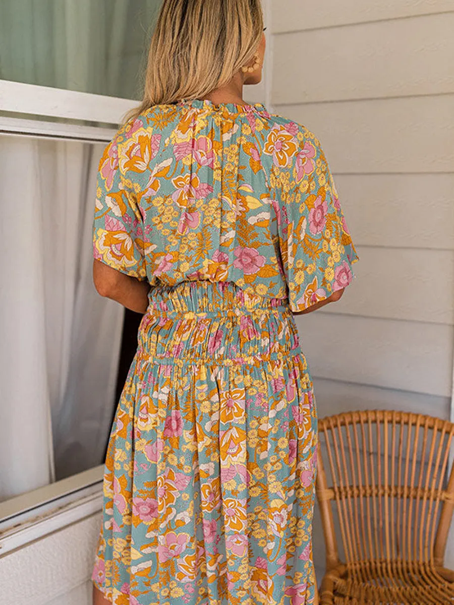 BerryBetty - Boho Short Sleeve Smocked Waist Floral Dress
