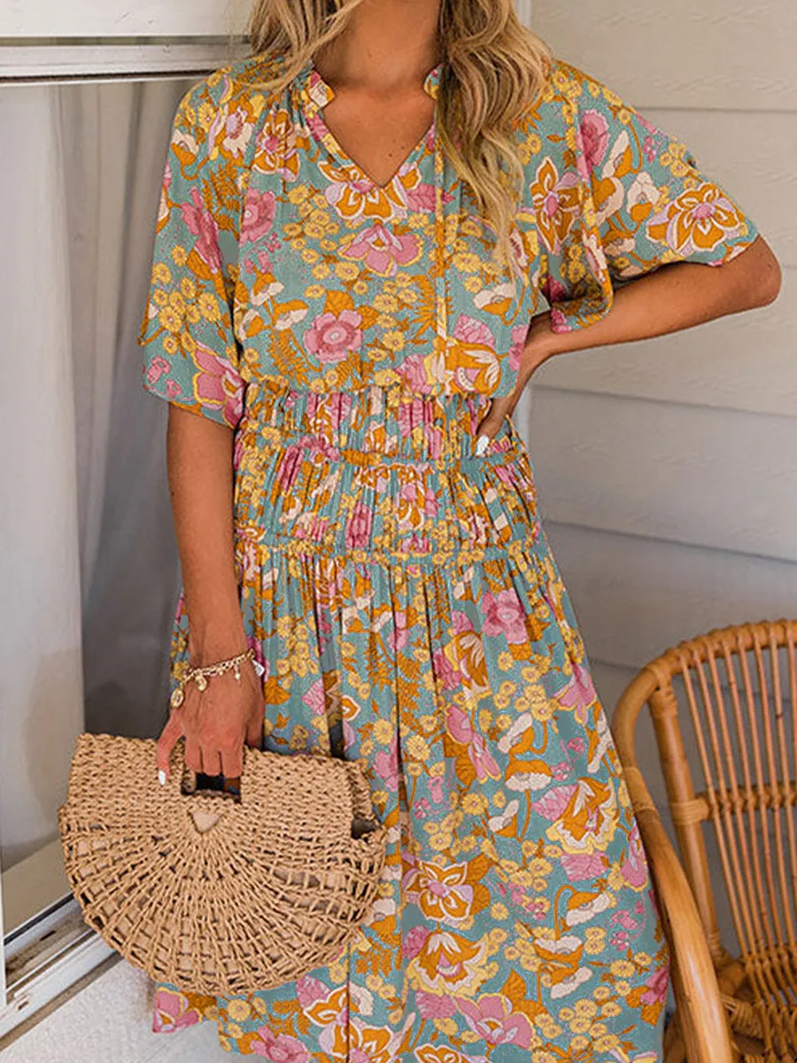 BerryBetty - Boho Short Sleeve Smocked Waist Floral Dress