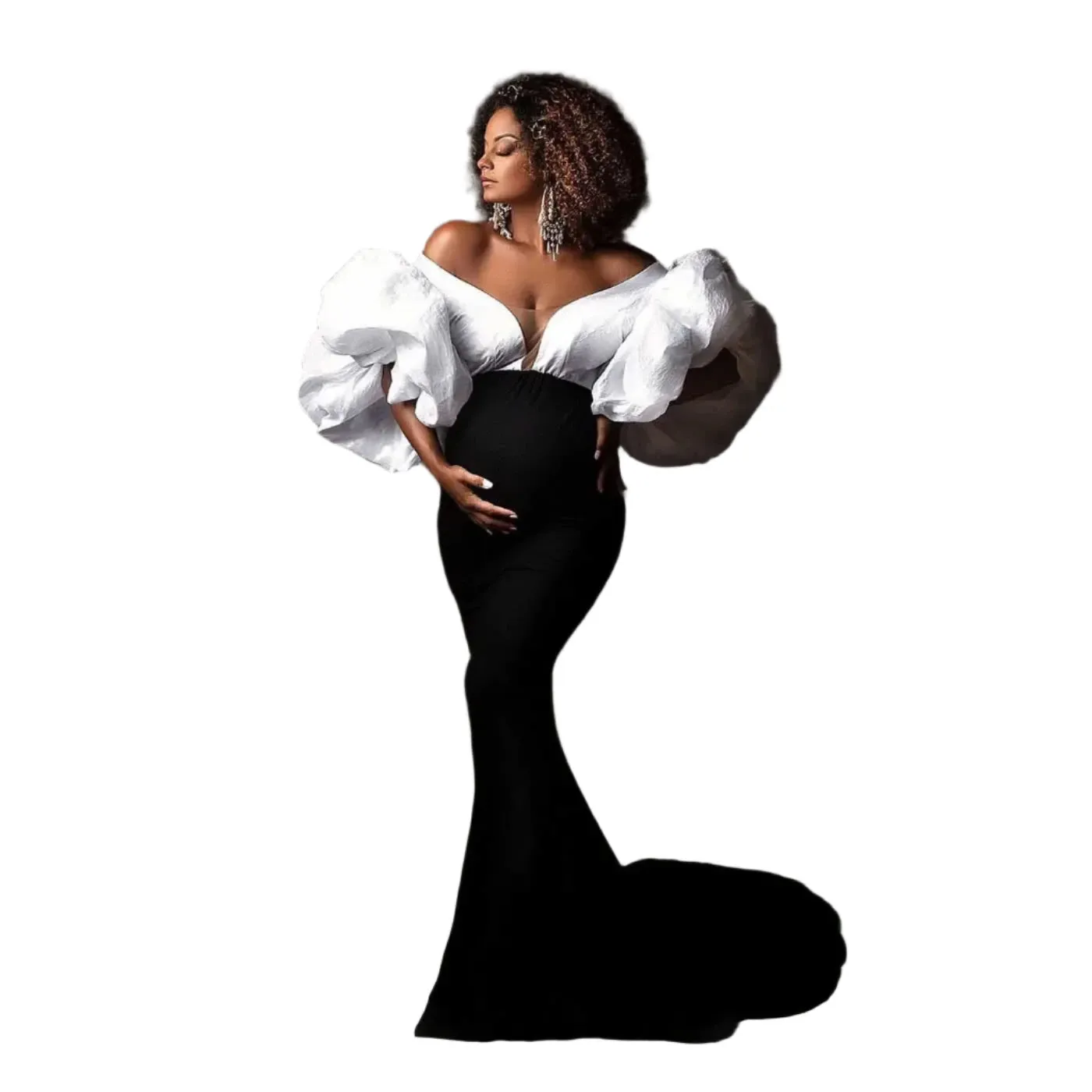 Black and White Puff Sleeve Mermaid Maternity Dress