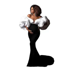 Black and White Puff Sleeve Mermaid Maternity Dress