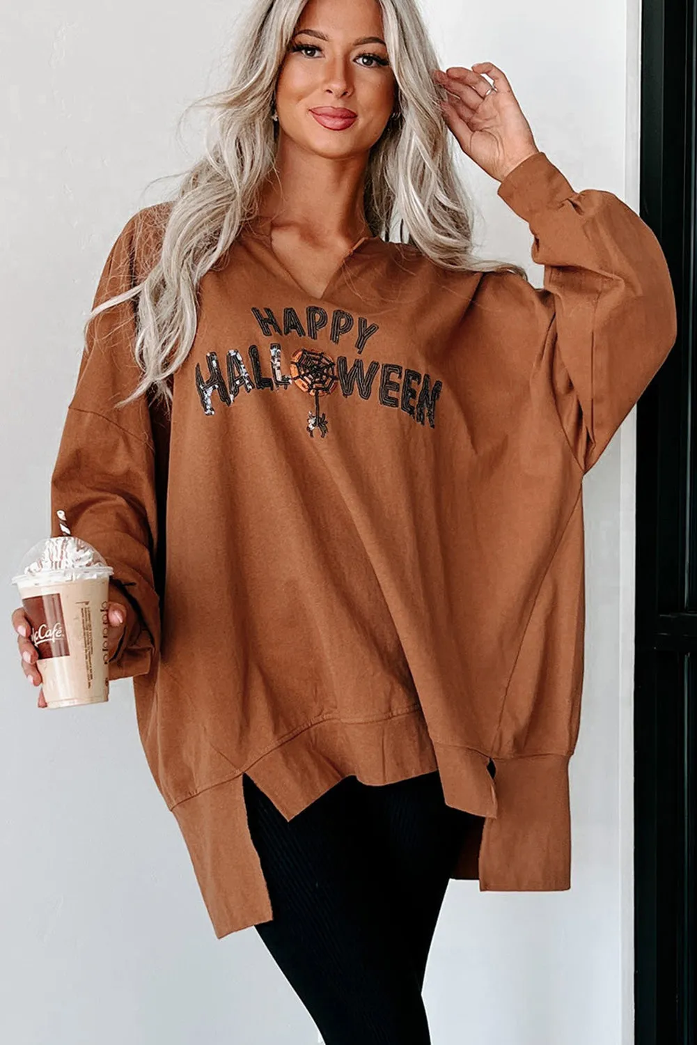 Chestnut Sequin Happy Halloween Graphic Notched Neck Long Sleeve Loose Top
