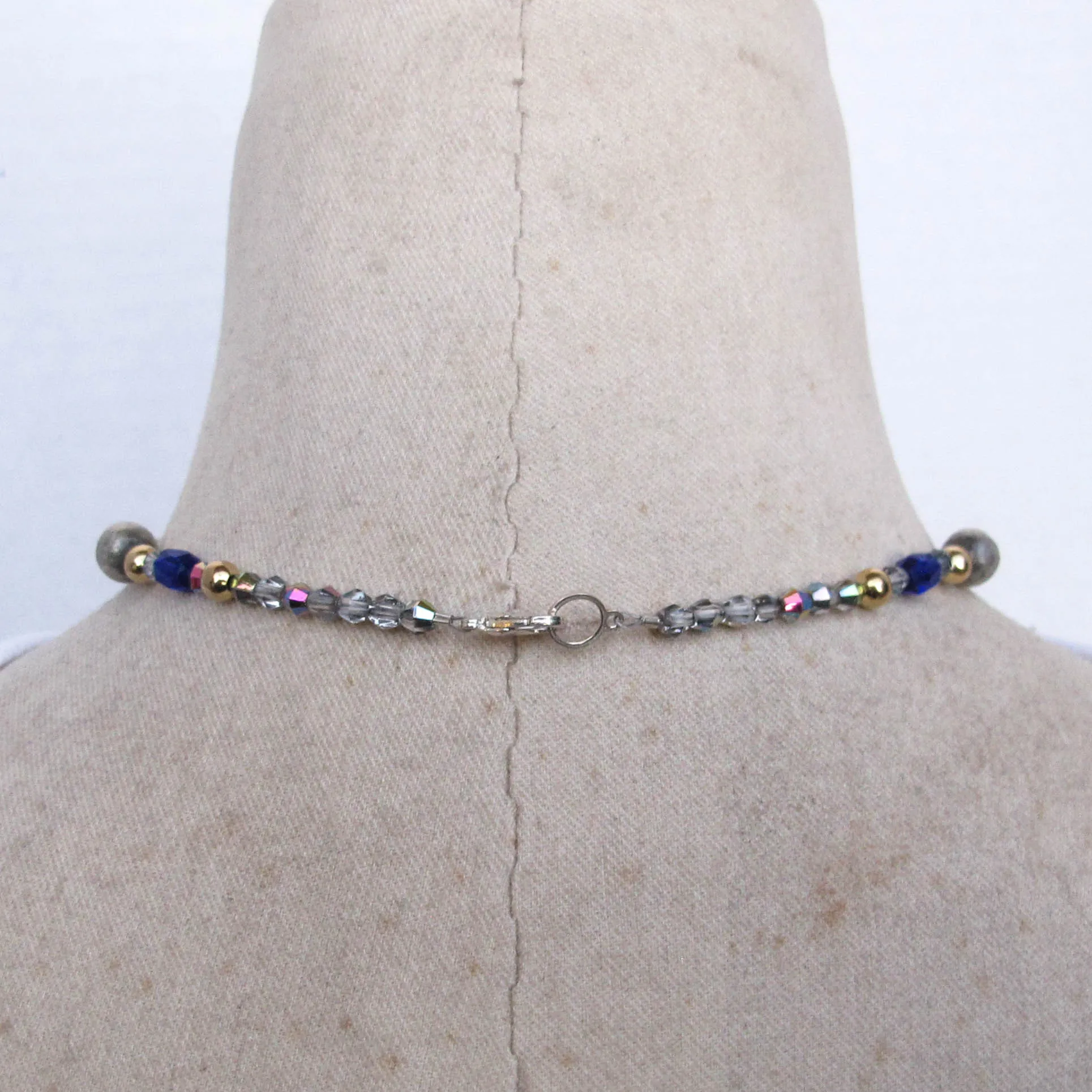 Etched Crystal Dragon Pendant Necklace with Royal Blue and Mixed Metals Beads