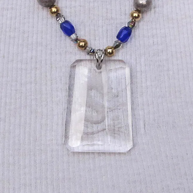 Etched Crystal Dragon Pendant Necklace with Royal Blue and Mixed Metals Beads
