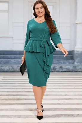 HN Faux Twinset Dress 3/4 Sleeve V-Neck Front Slit Bodycon Dress