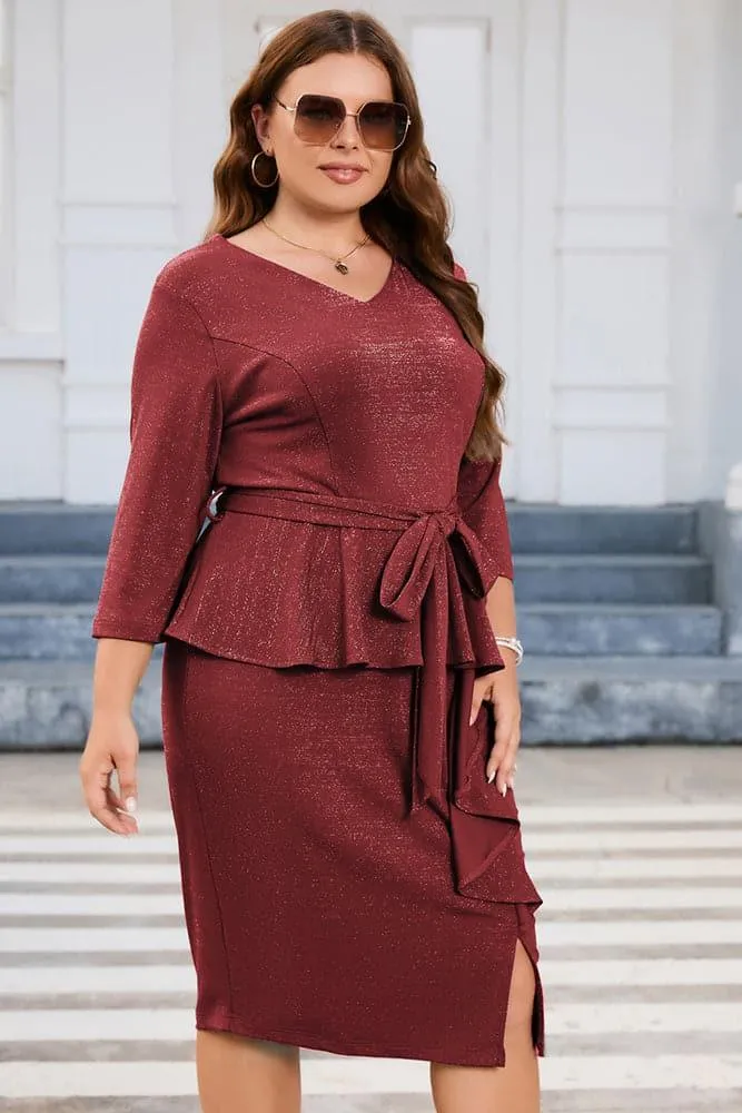 HN Faux Twinset Dress 3/4 Sleeve V-Neck Front Slit Bodycon Dress