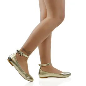 KIMMIE BALLERINA LOW BLOCK HIGH HEEL BUCKLE STRAPPY PUMP FLAT SHOES in Gold Metallic