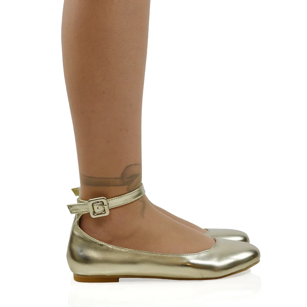 KIMMIE BALLERINA LOW BLOCK HIGH HEEL BUCKLE STRAPPY PUMP FLAT SHOES in Gold Metallic