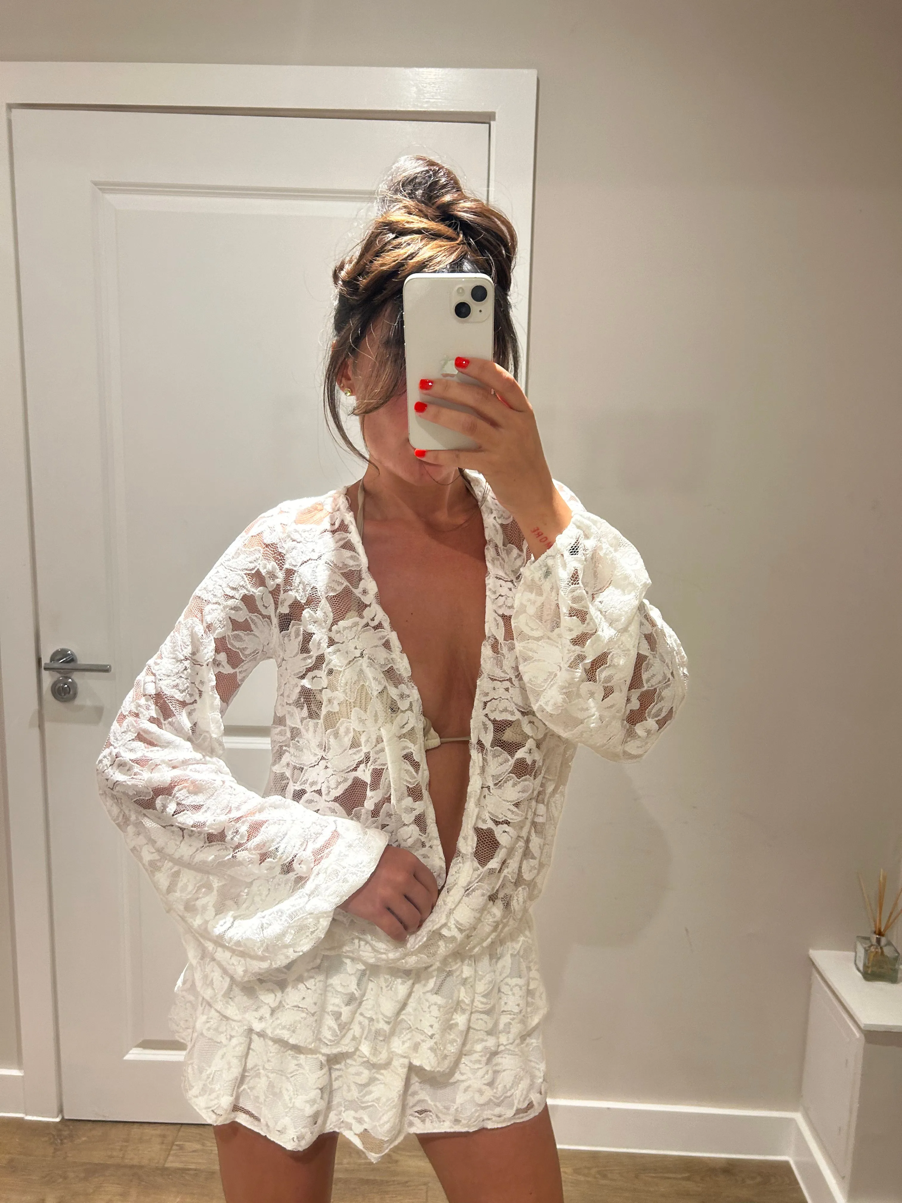 Lace Ruffle Mini V Neck Dress