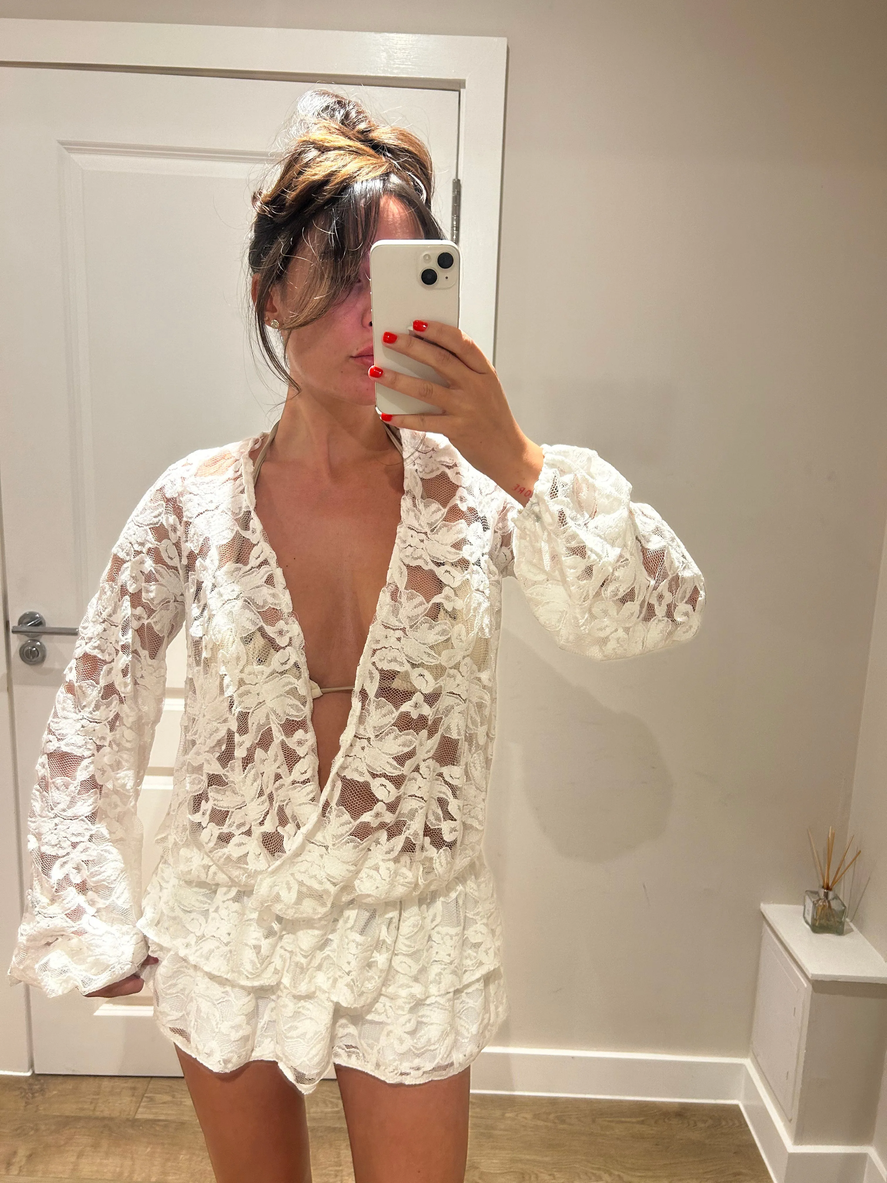 Lace Ruffle Mini V Neck Dress