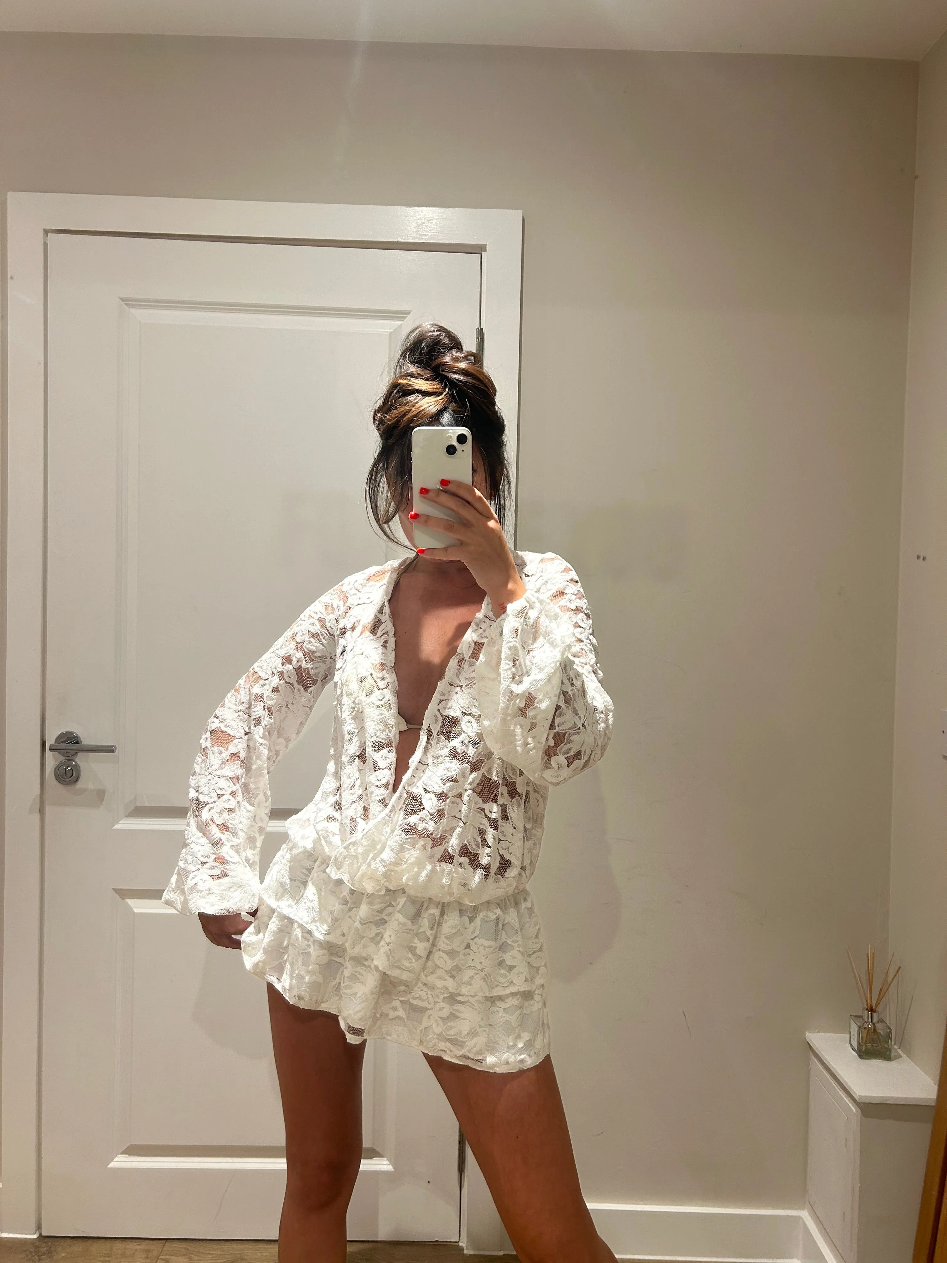 Lace Ruffle Mini V Neck Dress