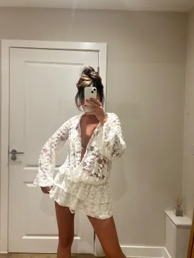Lace Ruffle Mini V Neck Dress