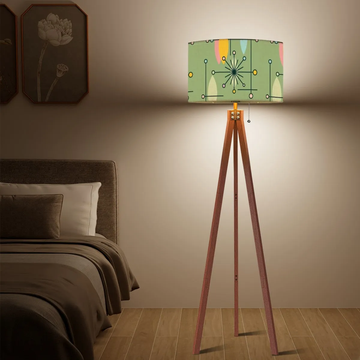 Mid Century Modern Tripod Floor Lamp Green Linen Shade Atomic Starburst Pattern (Made in USA)