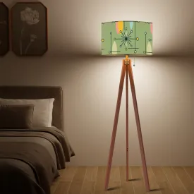 Mid Century Modern Tripod Floor Lamp Green Linen Shade Atomic Starburst Pattern (Made in USA)