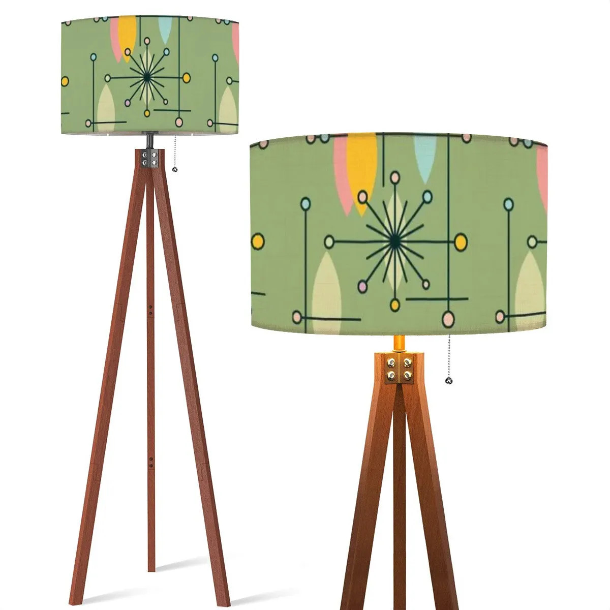 Mid Century Modern Tripod Floor Lamp Green Linen Shade Atomic Starburst Pattern (Made in USA)