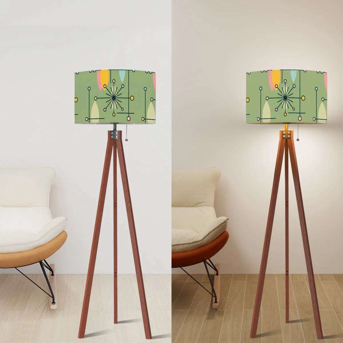 Mid Century Modern Tripod Floor Lamp Green Linen Shade Atomic Starburst Pattern (Made in USA)