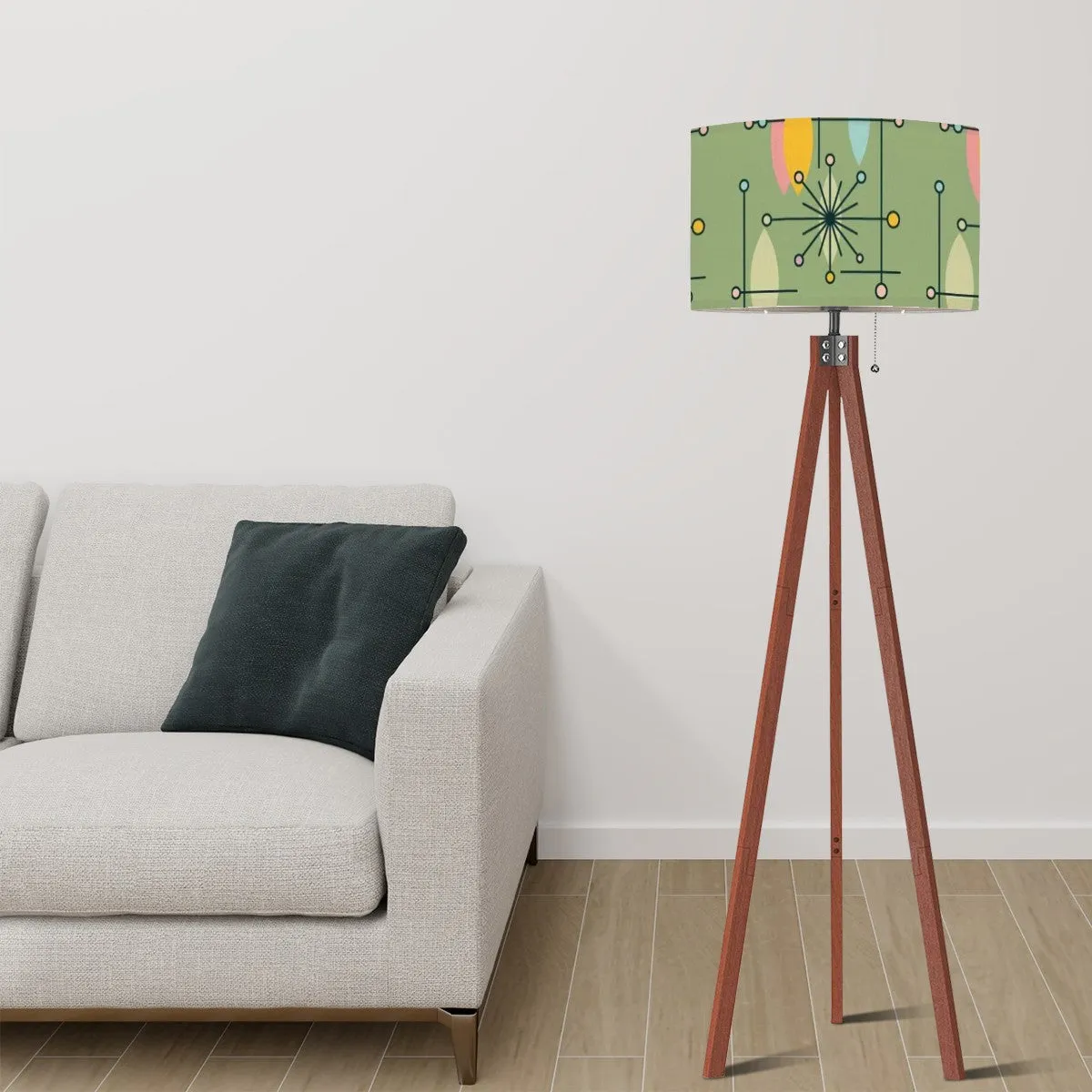 Mid Century Modern Tripod Floor Lamp Green Linen Shade Atomic Starburst Pattern (Made in USA)