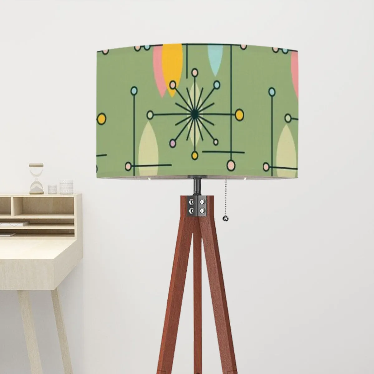 Mid Century Modern Tripod Floor Lamp Green Linen Shade Atomic Starburst Pattern (Made in USA)