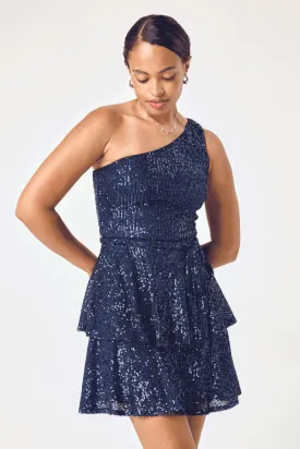 Navy One Shoulder Sequin Tier Dress