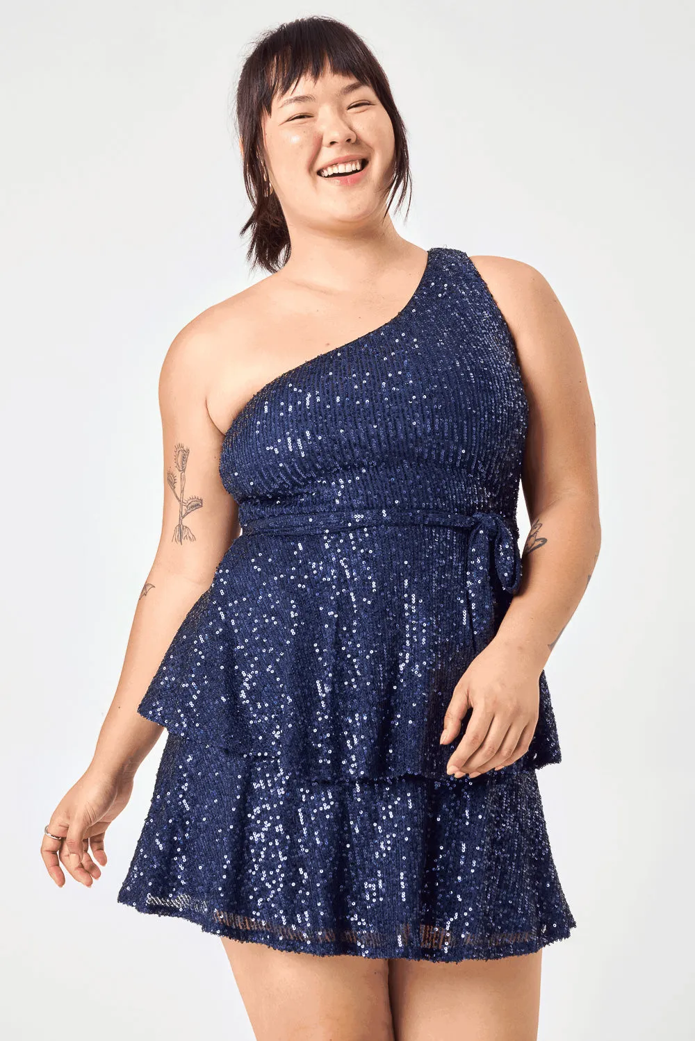 Navy One Shoulder Sequin Tier Dress