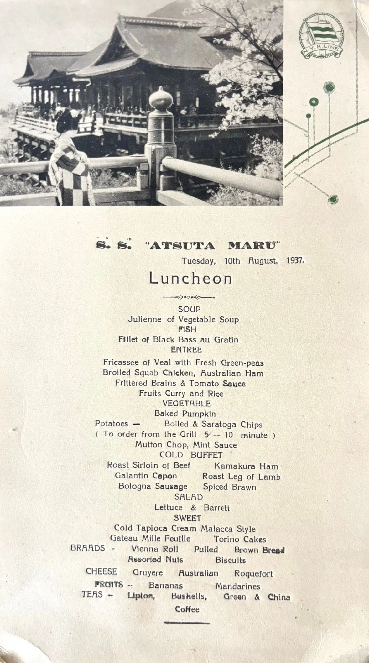 (*NEW ARRIVAL*) S.S. Atruta Maru. Luncheon