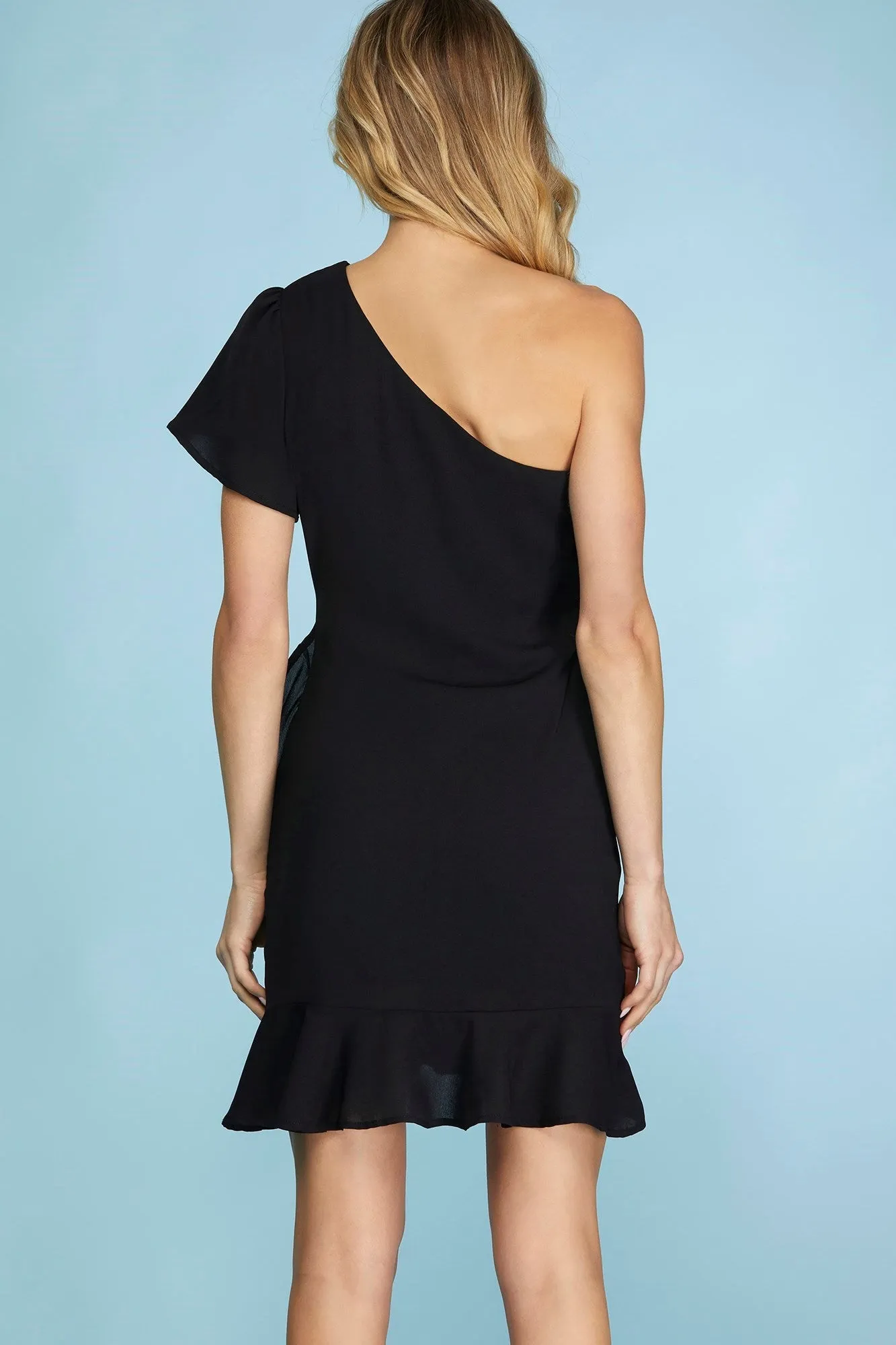 Short Sleeve Flutter Woven Dress With Shirred Detail And Ruffled Hem