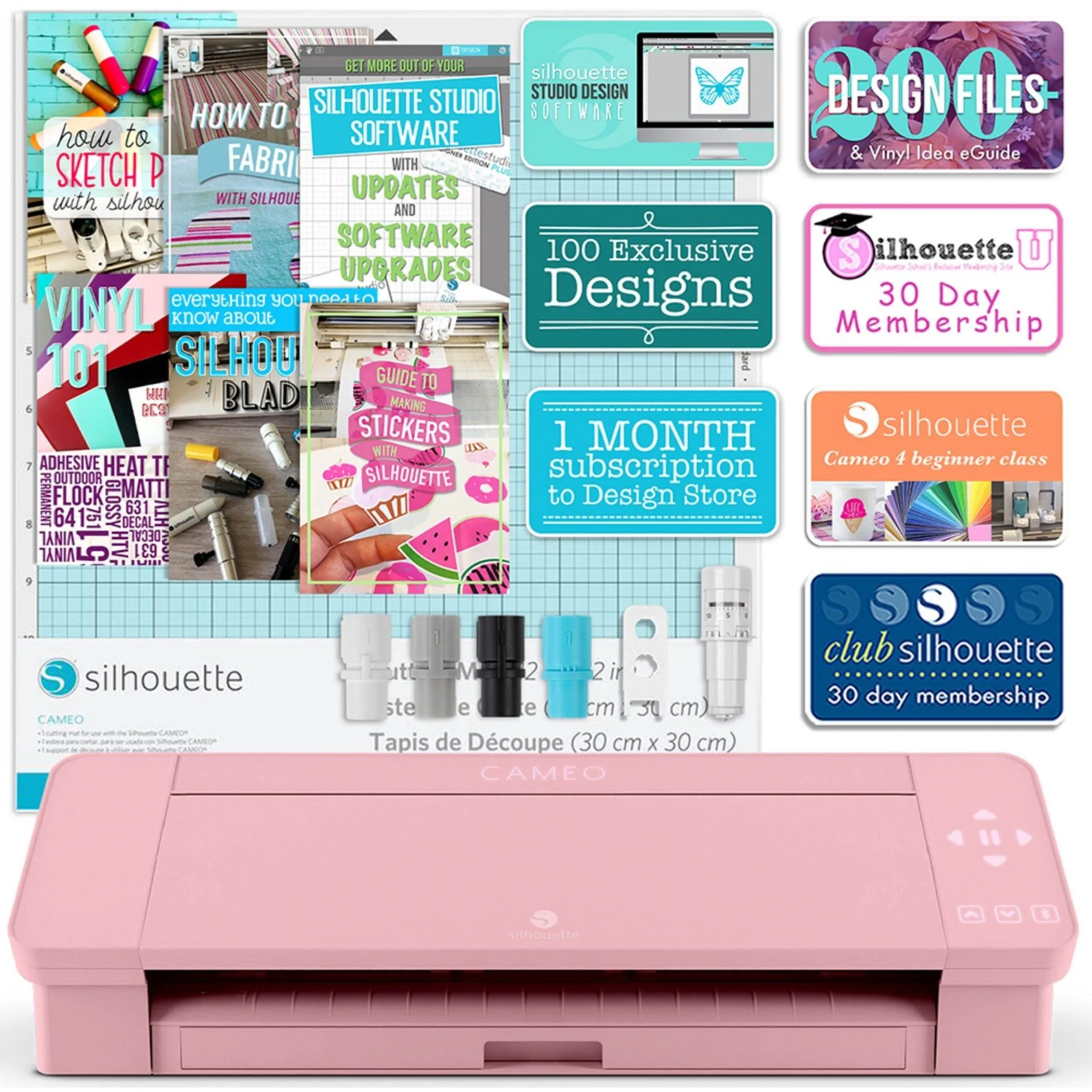 Silhouette Blush Pink Cameo 4 w/ Deluxe Blade & Tool Pack, Mat Pack, Vinyl