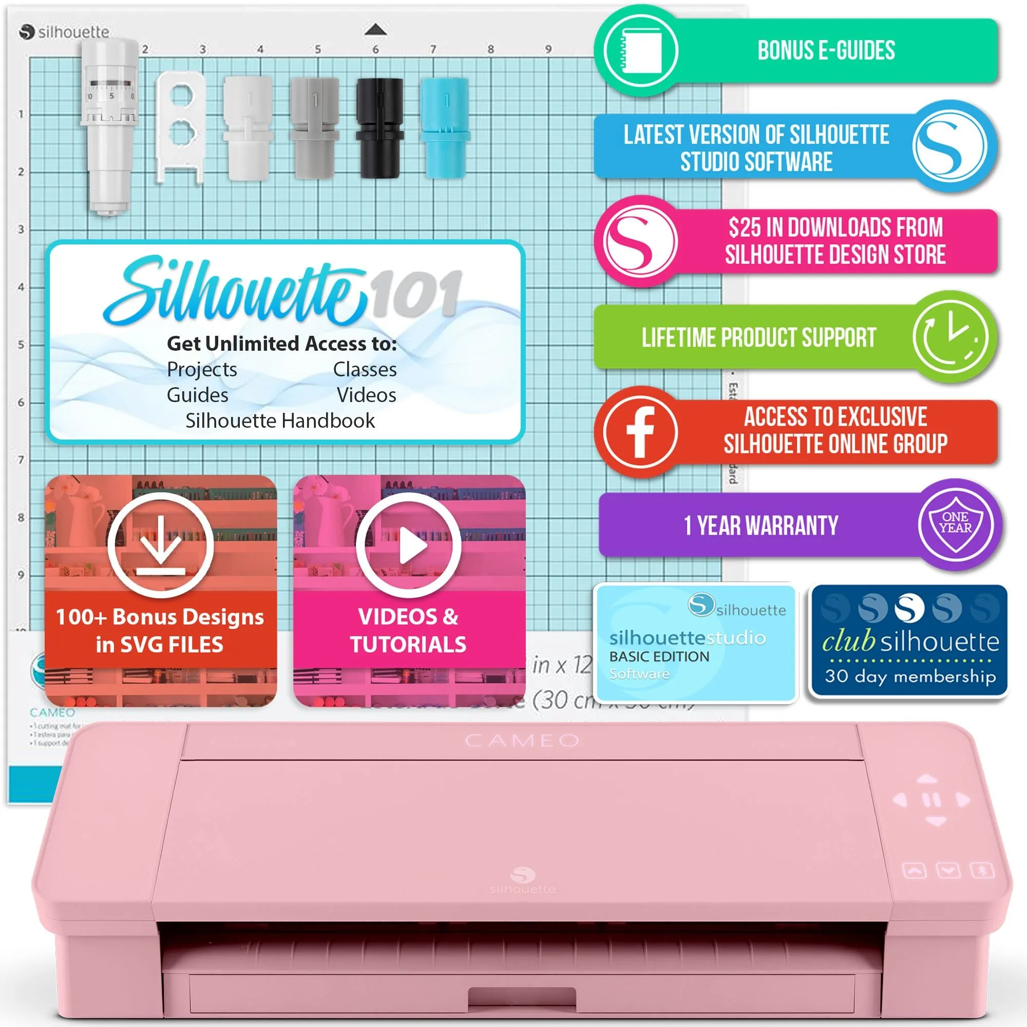 Silhouette Blush Pink Cameo 4 w/ Deluxe Blade & Tool Pack, Mat Pack, Vinyl