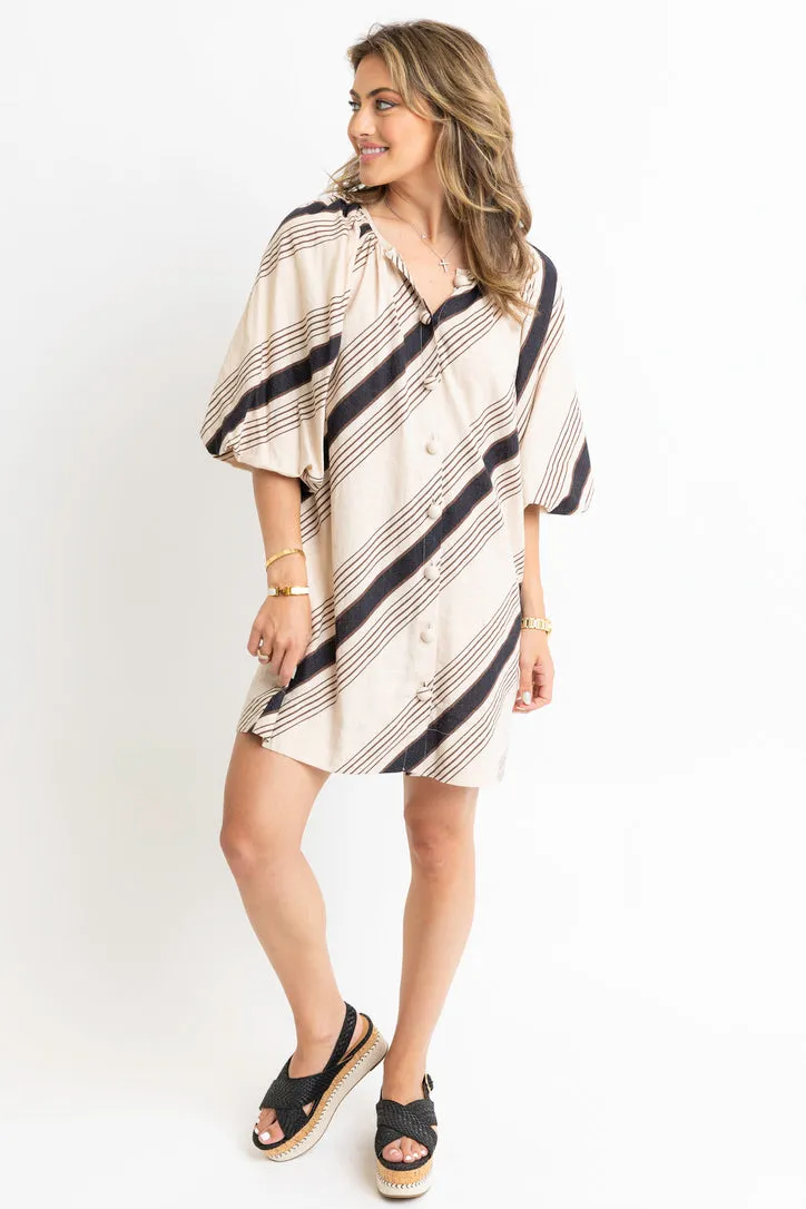 Stripe Puff Sleeve Button Dress